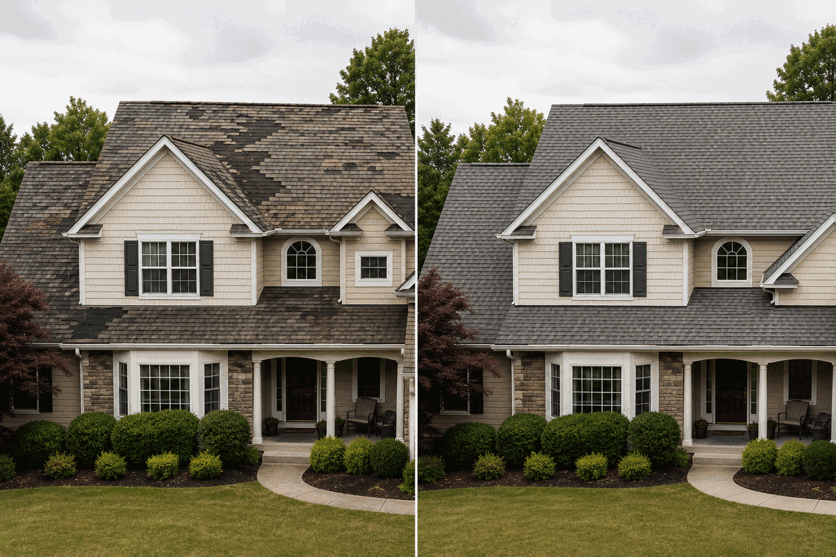 Sample before and after storm roof restoration